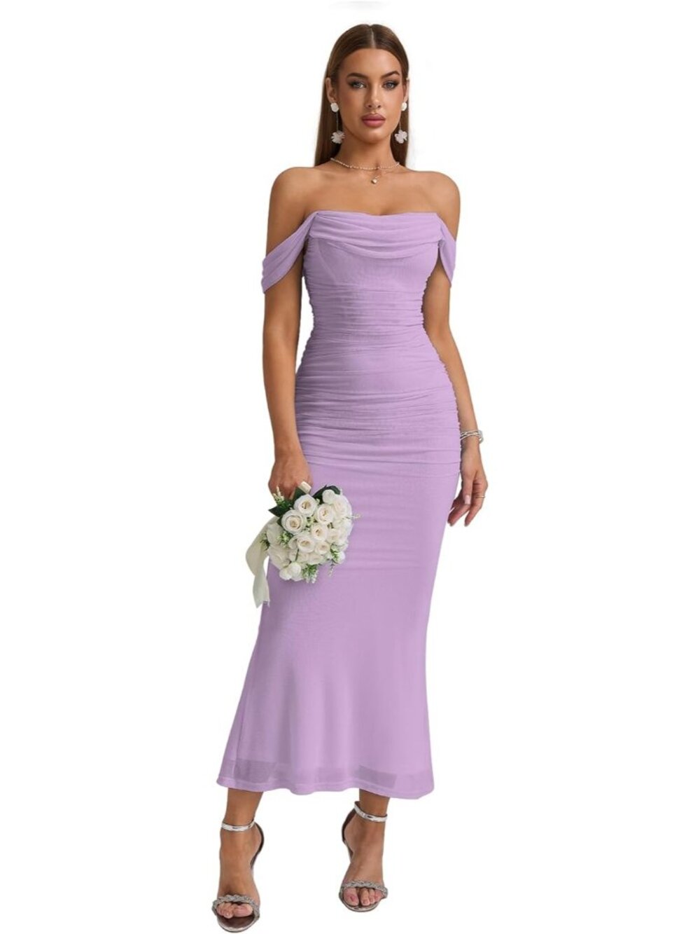 Women's Lavender Corset Ruched Off The Shoulder Bodycon Cocktail Maxi Dress